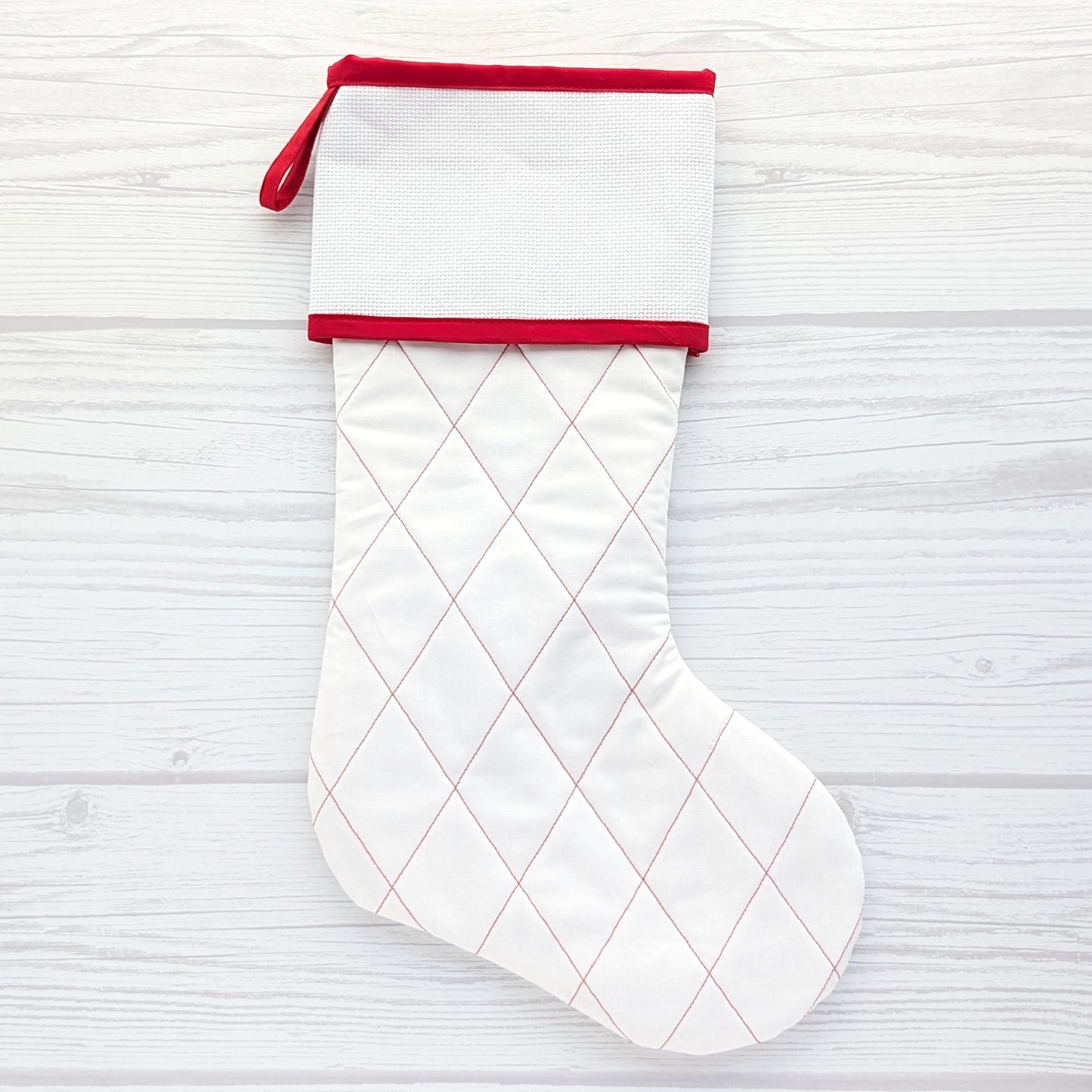 Quilted Christmas Stocking with Cross-Stitch-able Aida Cuff | LIMITED EDITION - ORIGINAL Style | Red or White | Quilted and Fully Lined