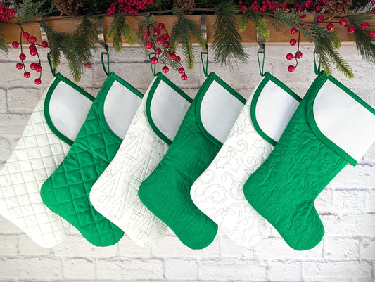 Quilted Christmas Stocking with Cross-Stitch-able Aida Cuff | LIMITED EDITION - CHARLES Style | Green or White | Quilted and Fully Lined