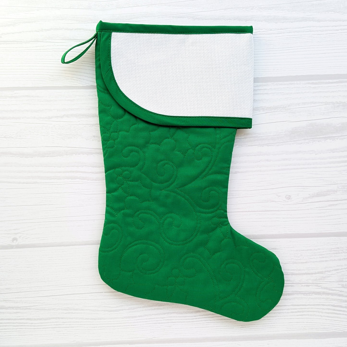 Quilted Christmas Stocking with Cross-Stitch-able Aida Cuff | LIMITED EDITION - CHARLES Style | Green or White | Quilted and Fully Lined