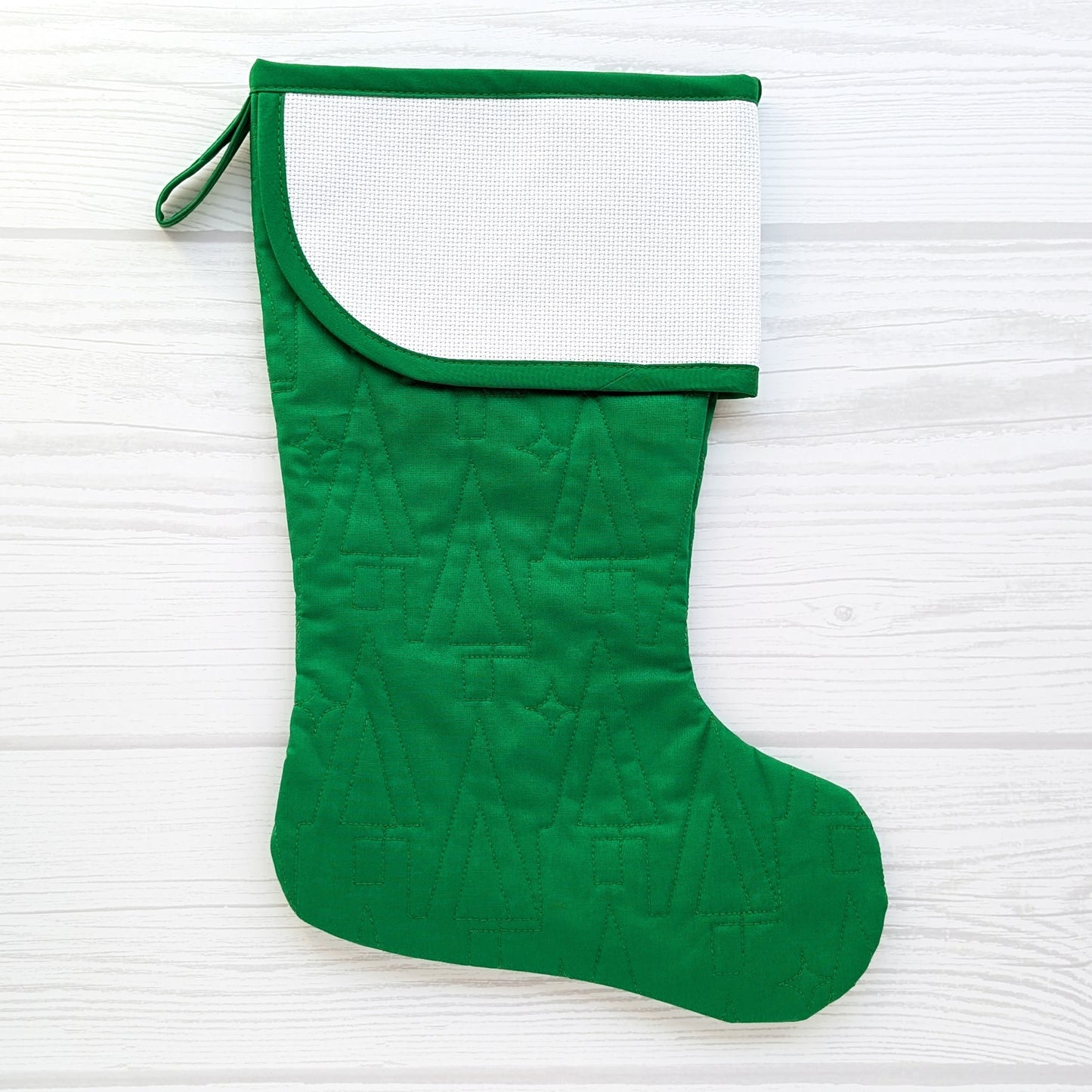 Quilted Christmas Stocking with Cross-Stitch-able Aida Cuff | LIMITED EDITION - CHARLES Style | Green or White | Quilted and Fully Lined