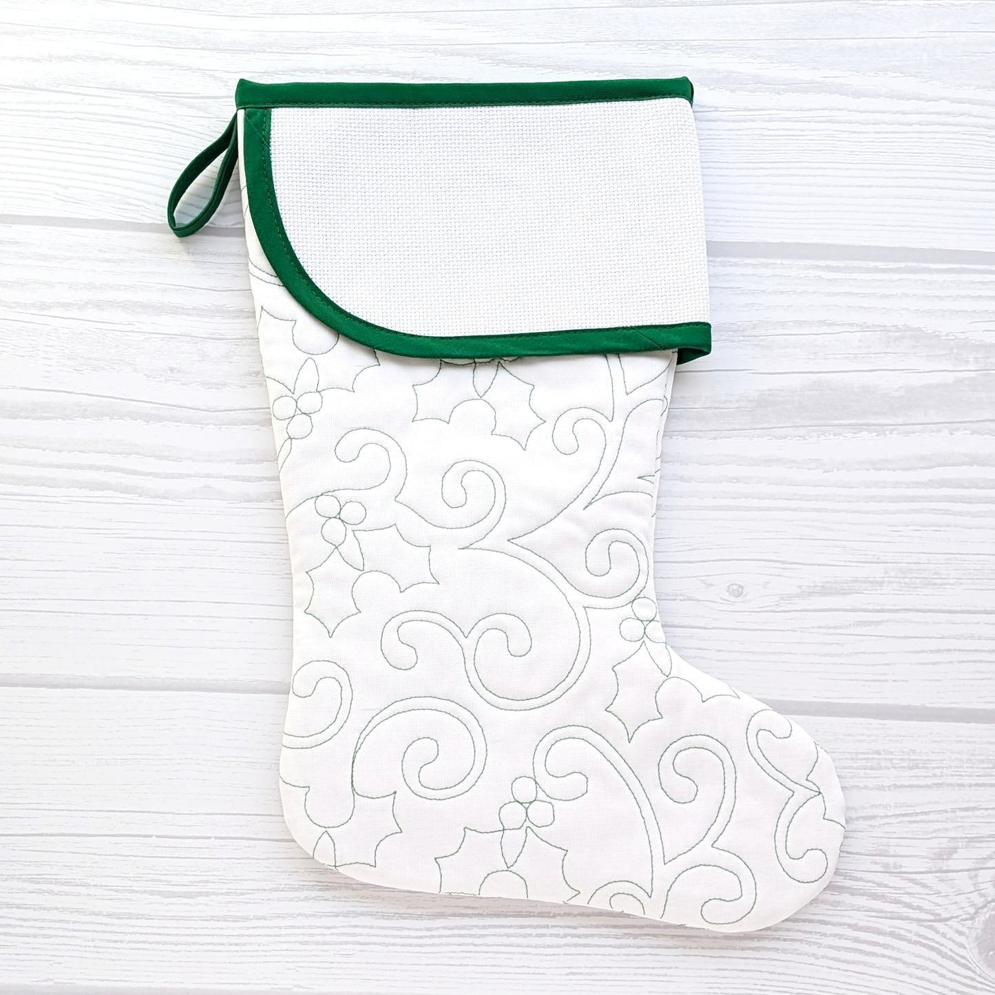 Quilted Christmas Stocking with Cross-Stitch-able Aida Cuff | LIMITED EDITION - CHARLES Style | Green or White | Quilted and Fully Lined