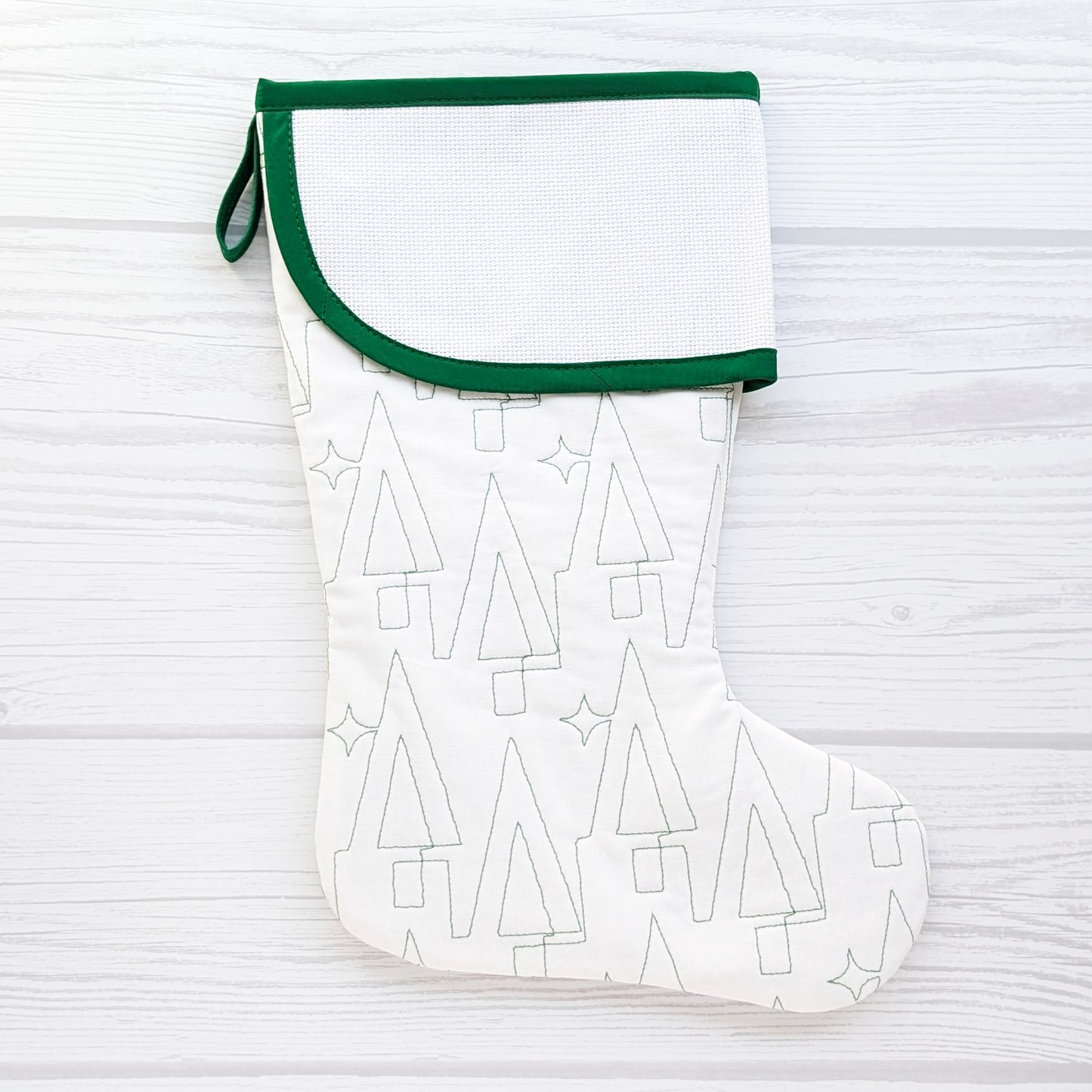 Quilted Christmas Stocking with Cross-Stitch-able Aida Cuff | LIMITED EDITION - CHARLES Style | Green or White | Quilted and Fully Lined