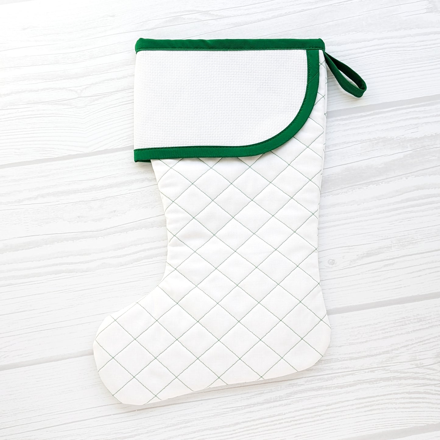 Quilted Christmas Stocking with Cross-Stitch-able Aida Cuff | LIMITED EDITION - CHARLES Style | Green or White | Quilted and Fully Lined