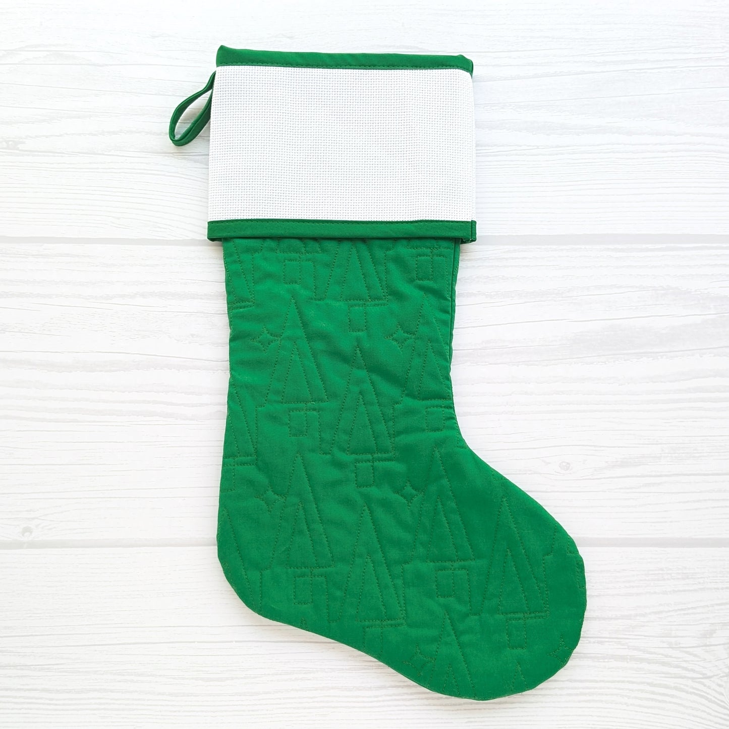 Quilted Christmas Stocking with Cross-Stitch-able Aida Cuff | LIMITED EDITION - ORIGINAL Style | Green or White | Quilted and Fully Lined