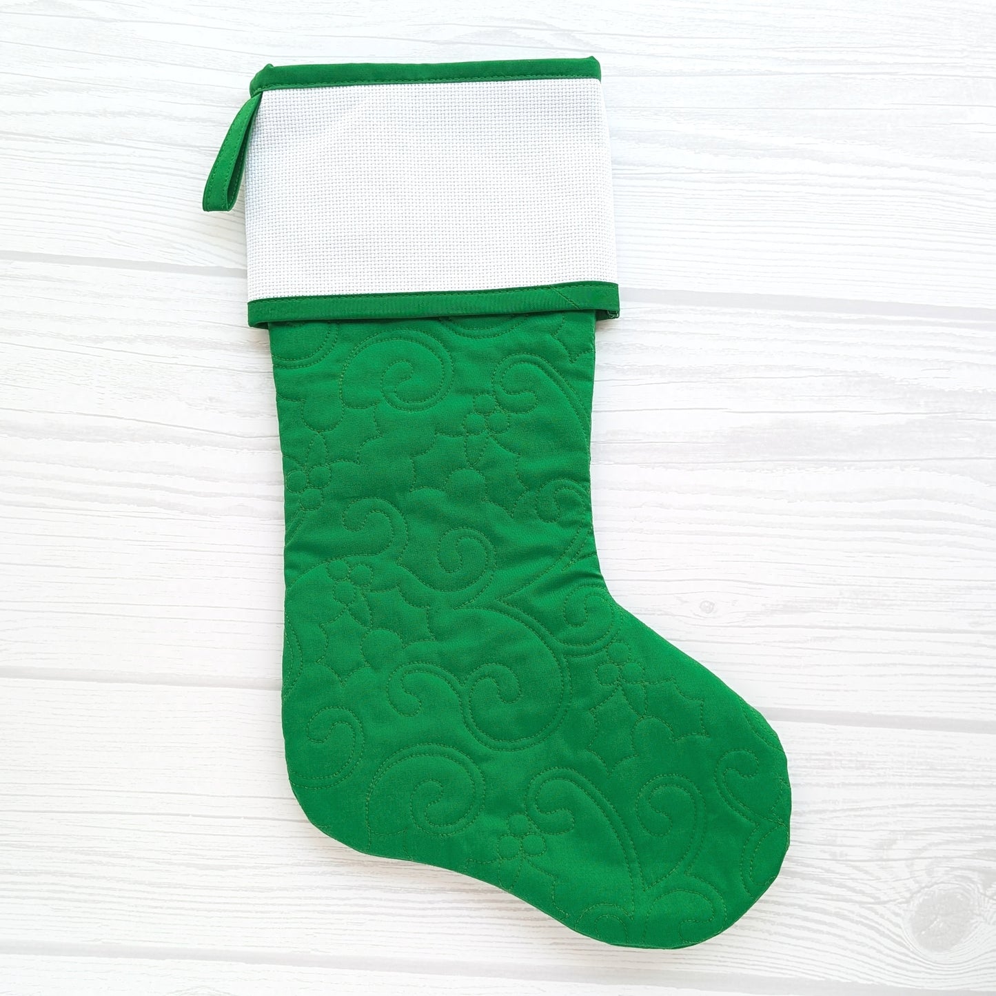 Quilted Christmas Stocking with Cross-Stitch-able Aida Cuff | LIMITED EDITION - ORIGINAL Style | Green or White | Quilted and Fully Lined