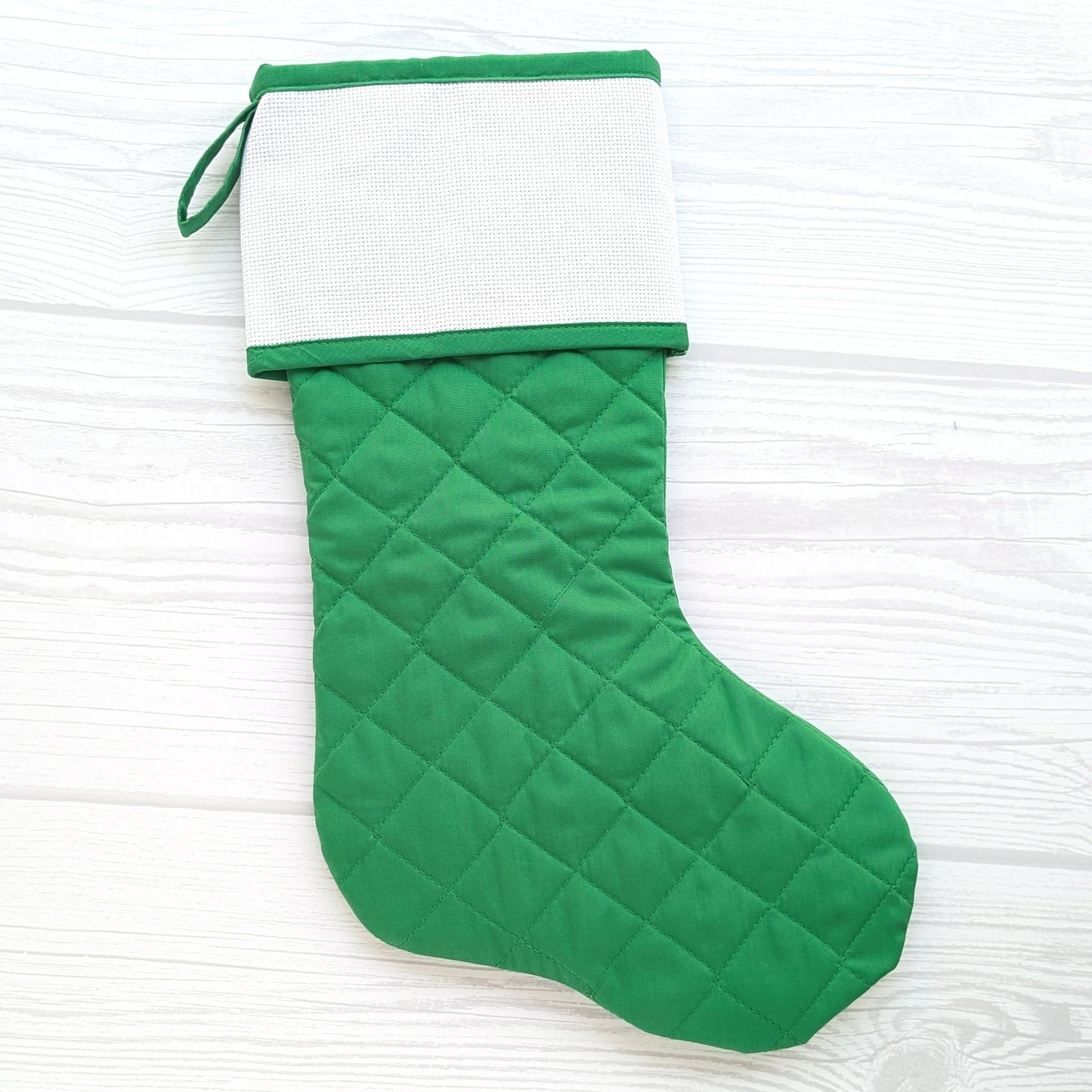 Quilted Christmas Stocking with Cross-Stitch-able Aida Cuff | LIMITED EDITION - ORIGINAL Style | Green or White | Quilted and Fully Lined