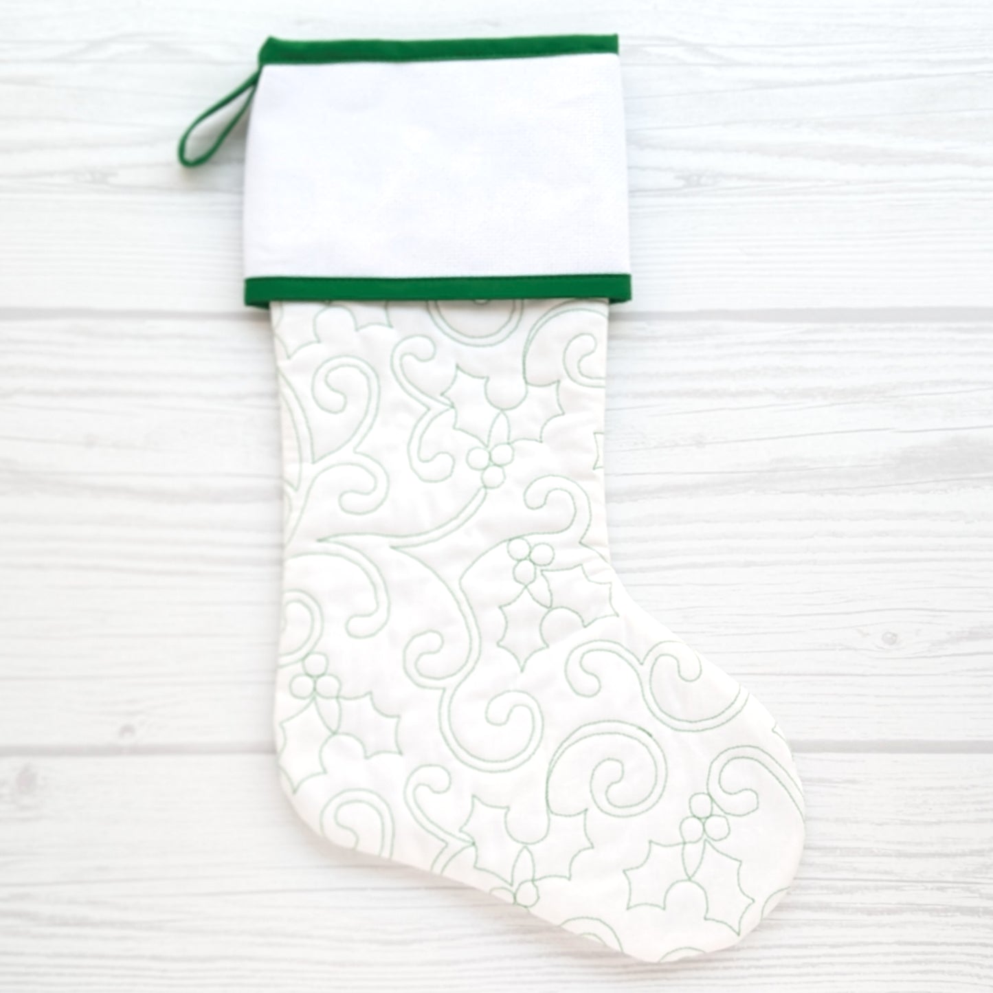 Quilted Christmas Stocking with Cross-Stitch-able Aida Cuff | LIMITED EDITION - ORIGINAL Style | Green or White | Quilted and Fully Lined