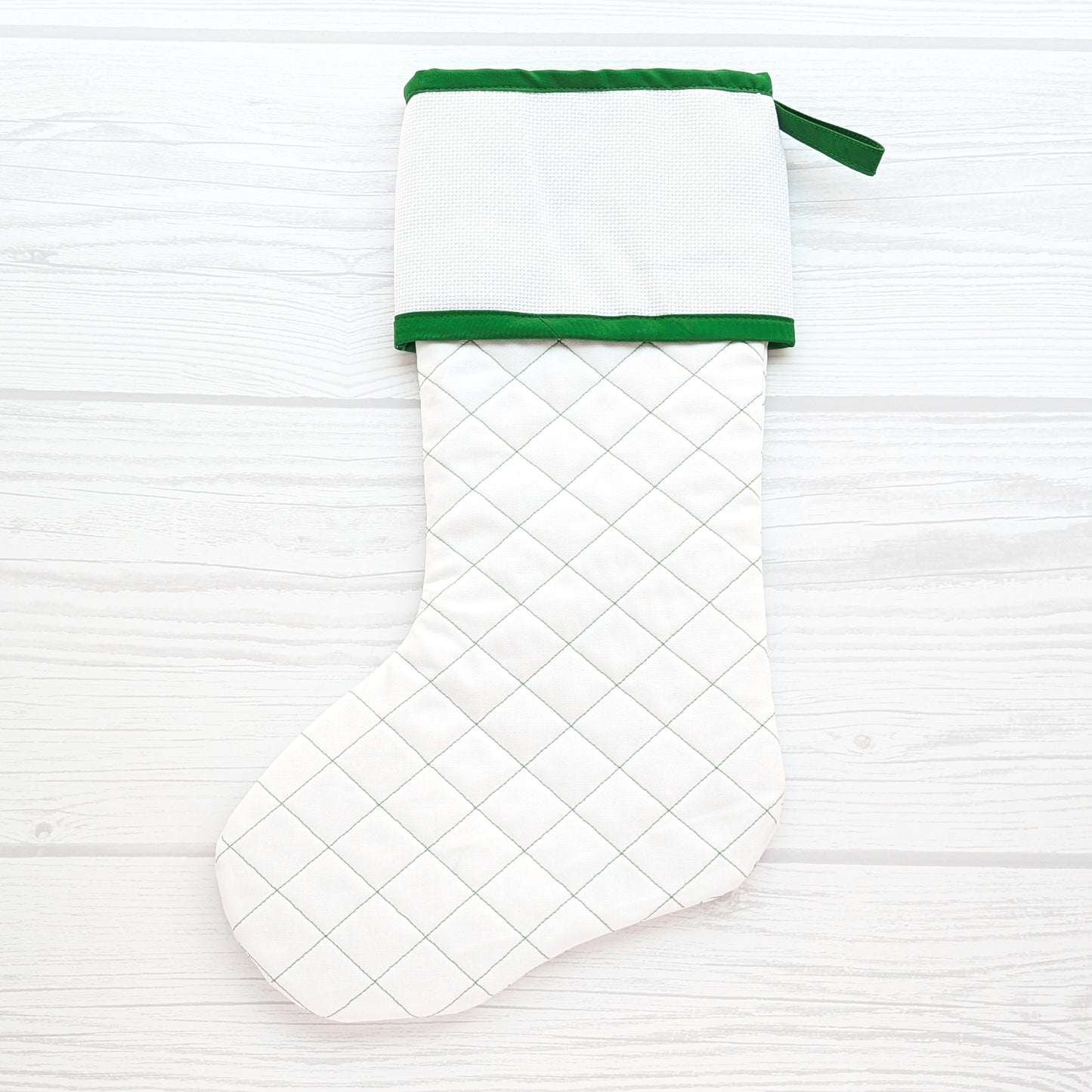 Quilted Christmas Stocking with Cross-Stitch-able Aida Cuff | LIMITED EDITION - ORIGINAL Style | Green or White | Quilted and Fully Lined