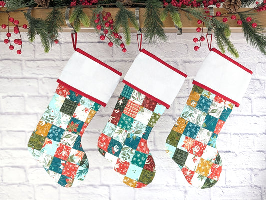 PATCHWORK Quilted Christmas Stocking with Cross-Stitch-able Aida Cuff | Quilted and Fully Lined | Choose One - ORIGINAL STYLE