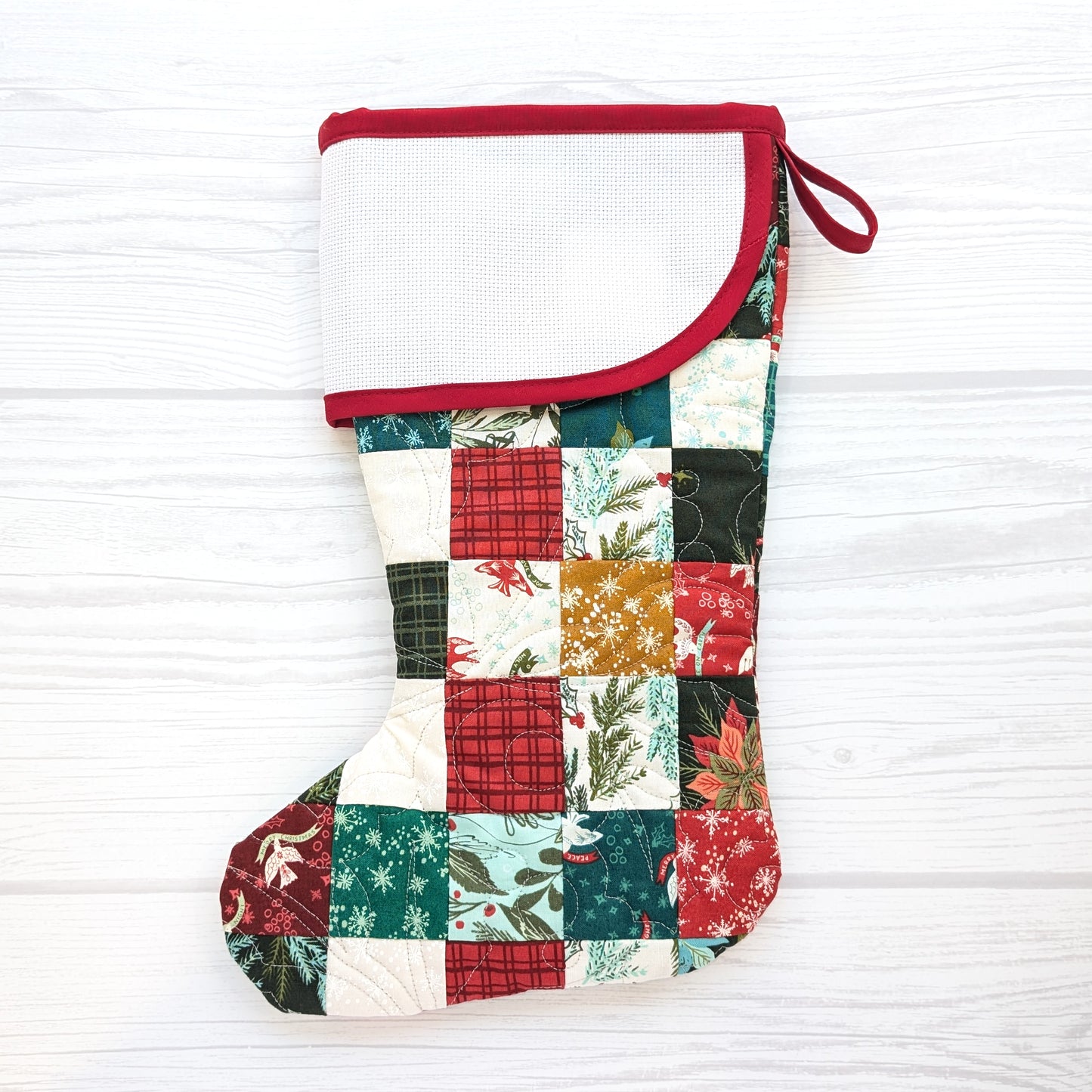 PATCHWORK Quilted Christmas Stocking with Cross-Stitch-able Aida Cuff | Quilted and Fully Lined | Choose One - CHARLES STYLE