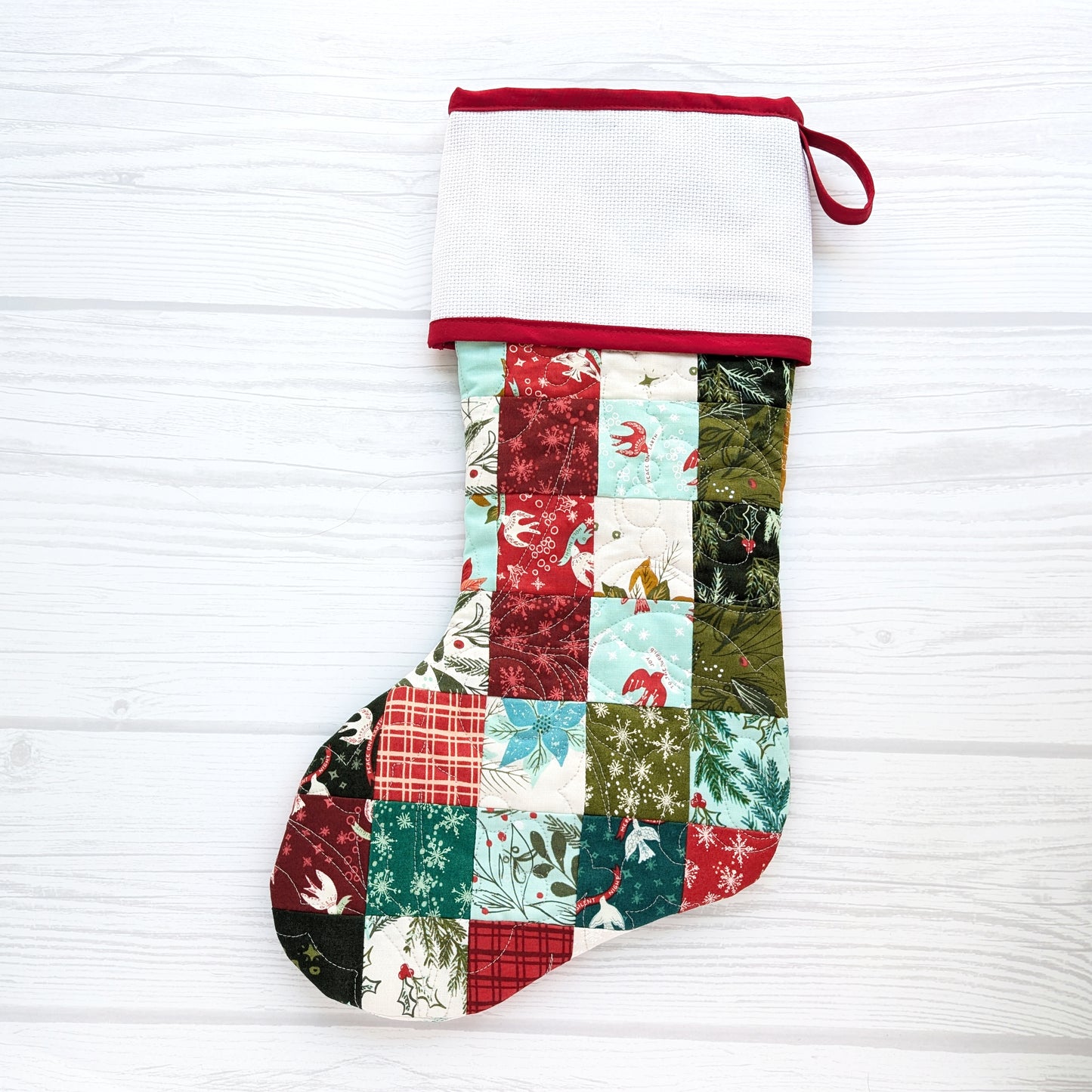 PATCHWORK Quilted Christmas Stocking with Cross-Stitch-able Aida Cuff | Quilted and Fully Lined | Choose One - ORIGINAL STYLE