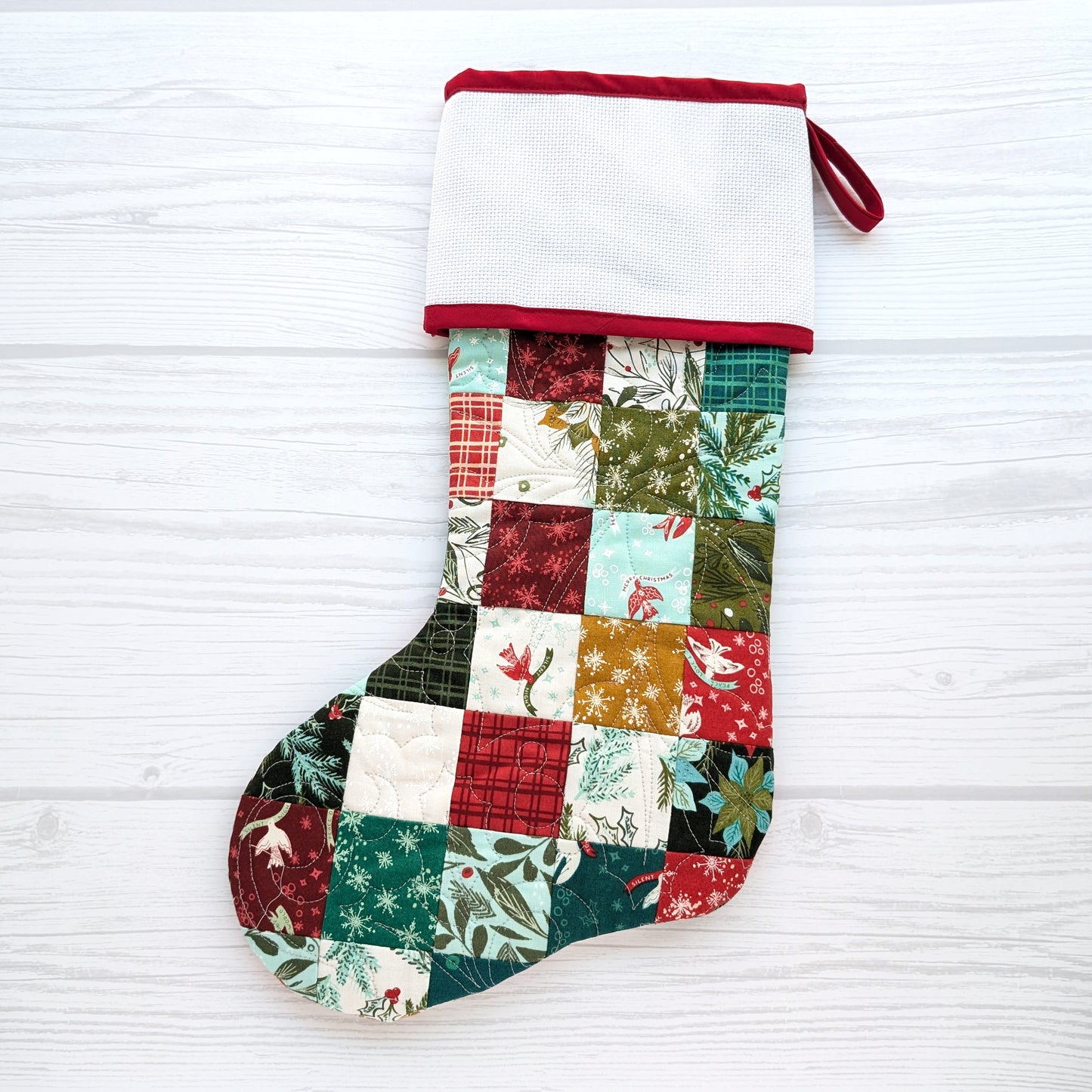 PATCHWORK Quilted Christmas Stocking with Cross-Stitch-able Aida Cuff | Quilted and Fully Lined | Choose One - ORIGINAL STYLE