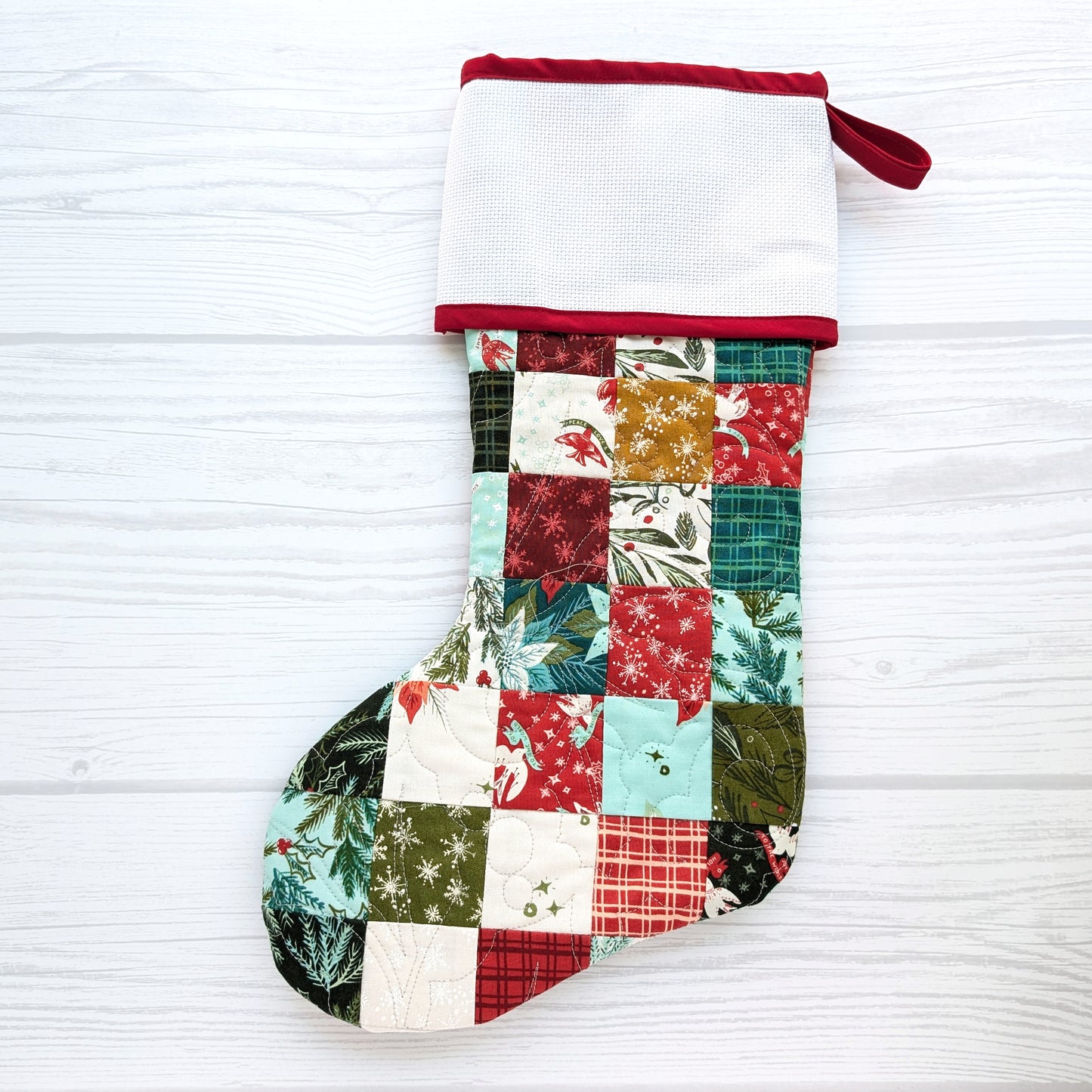 PATCHWORK Quilted Christmas Stocking with Cross-Stitch-able Aida Cuff | Quilted and Fully Lined | Choose One - ORIGINAL STYLE