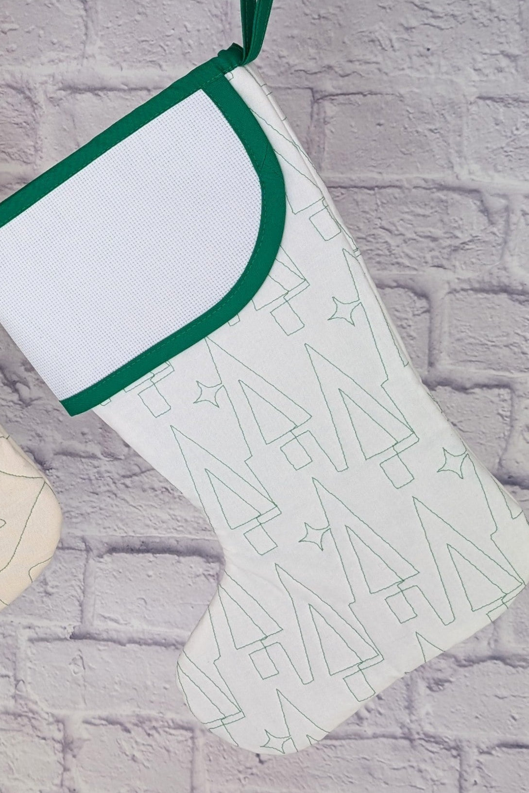 Blank White Stocking with Green Trim and Christmas Trees Quilting (Charles Style)