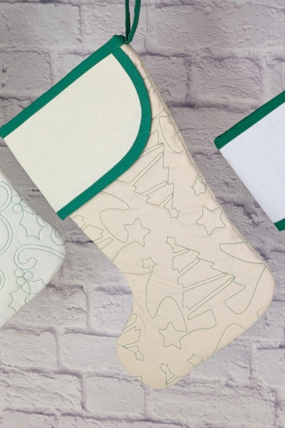 Blank Cream Stocking with Green Trim and Christmas Trees Quilting (Charles Style)