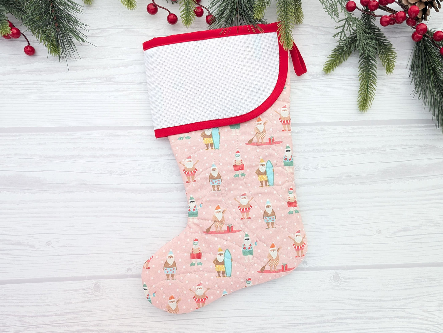 Blank Pastel Holiday Stocking - Pink Beachy Santas (Charles Style)