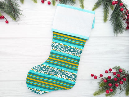 Bright Blank Cross Stitch Christmas Stocking - Teal Stripe (Original Style)