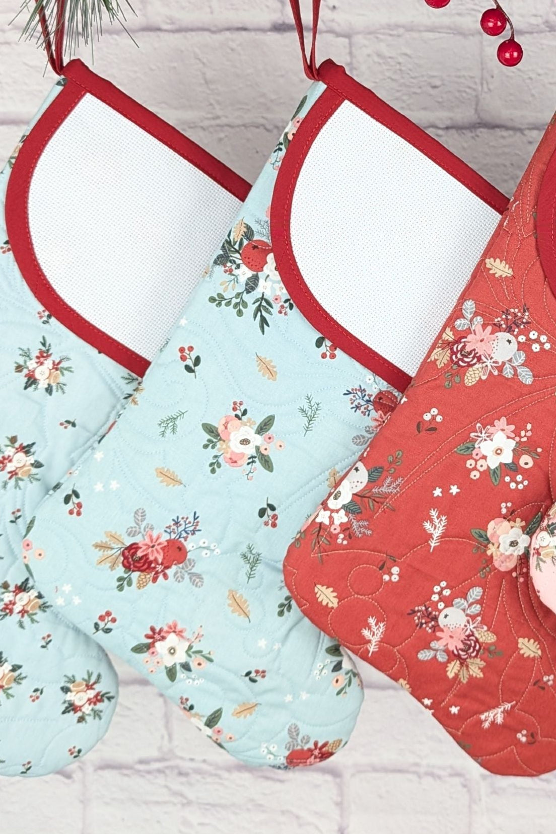 Blank Floral Bouquet Christmas Stocking - Aqua Large Flowers (Charles Style)