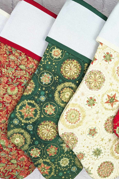 Blank Cross Stitch Elegant Christmas Stocking - Green Snow Crystals (Original Style)