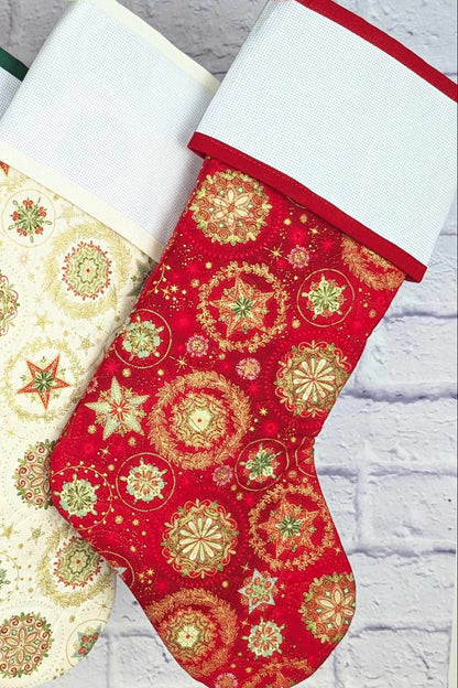 Blank Cross Stitch Elegant Christmas Stocking - Red Snow Crystals (Original Style)