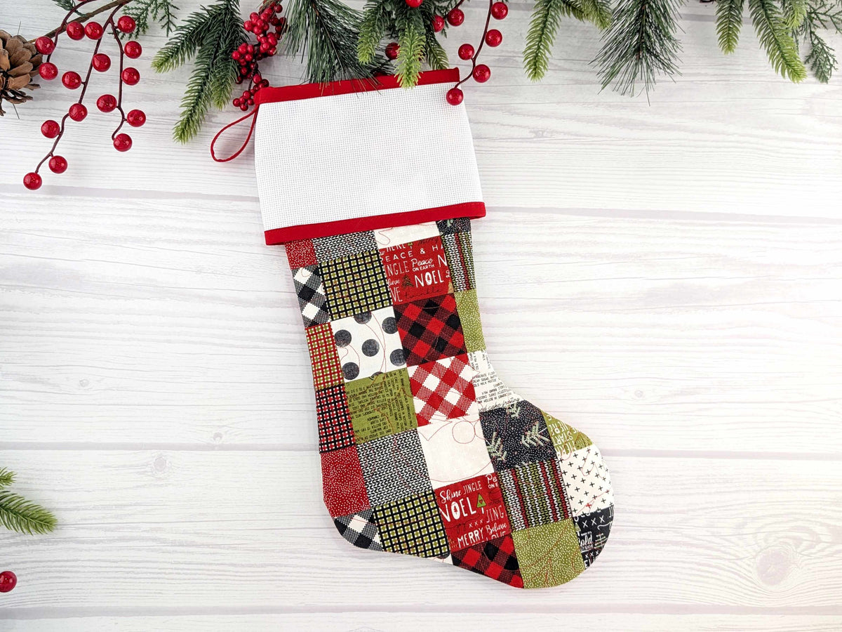 Blank Patchwork Christmas Stocking with Cross Stitchable Cuff - Straight Style