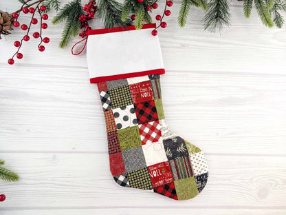 Blank Patchwork Christmas Stocking with Cross Stitchable Cuff - Straight Style