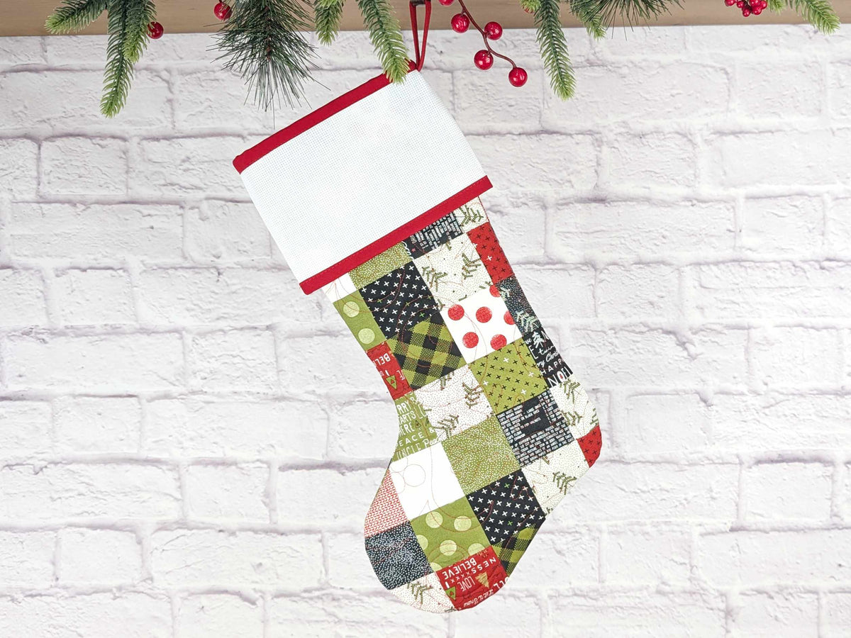 Blank Patchwork Christmas Stocking with Cross Stitchable Cuff - Straight Style