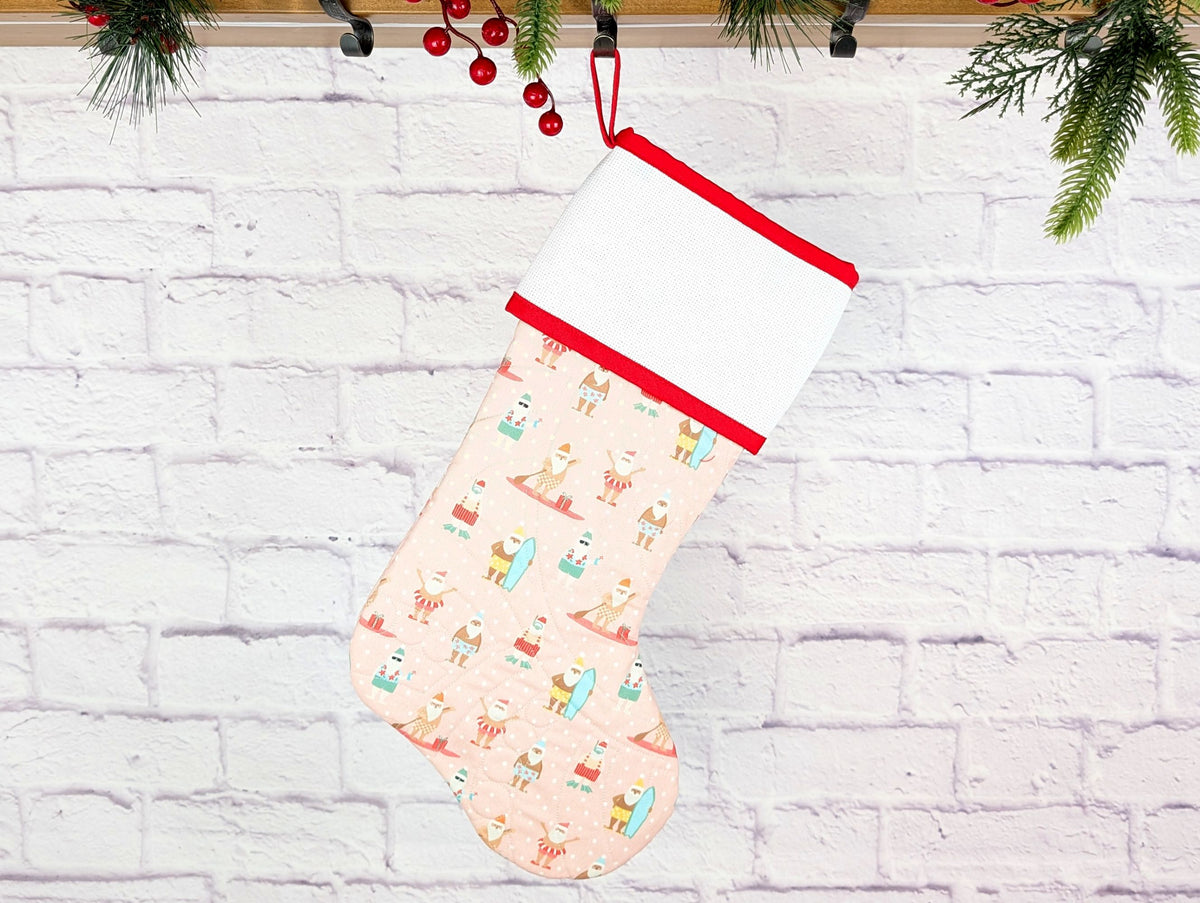 pink beachy santa quilted Christmas stocking with blank Aida cross stitch cuff