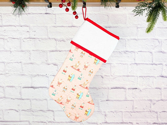 pink beachy santa quilted Christmas stocking with blank Aida cross stitch cuff