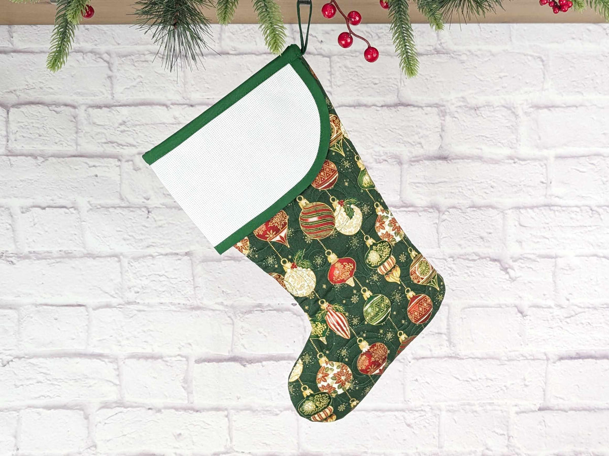 Blank Green Ornaments Christmas Stocking with Cross Stitchable Cuff - Curved Style