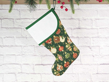 Blank Green Ornaments Christmas Stocking with Cross Stitchable Cuff - Curved Style