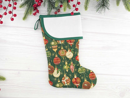 Blank Green Ornaments Christmas Stocking with Cross Stitchable Cuff - Curved Style