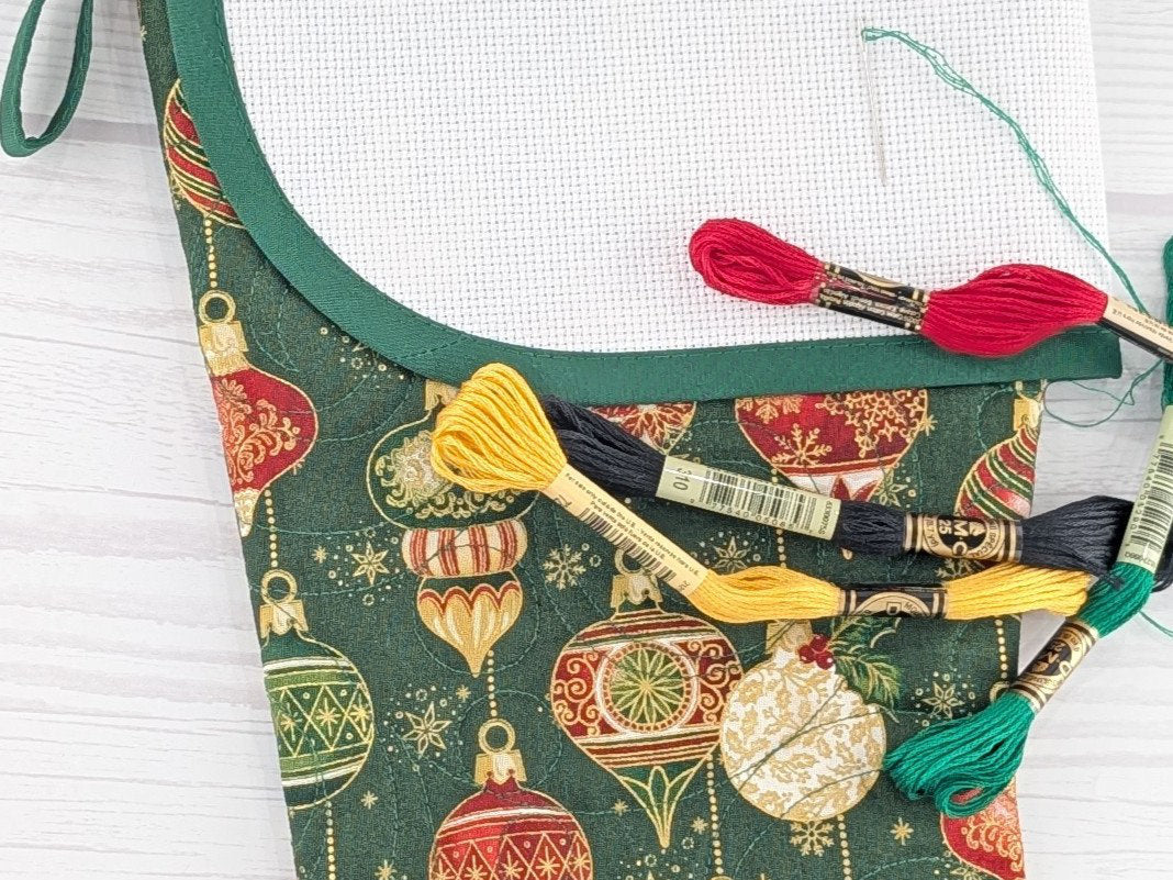 Blank Green Ornaments Christmas Stocking with Cross Stitchable Cuff - Curved Style