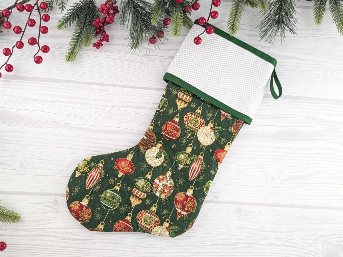 Blank Green Ornaments Christmas Stocking with Cross Stitchable Cuff - Straight Style