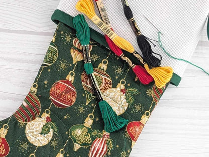 Blank Green Ornaments Christmas Stocking with Cross Stitchable Cuff - Straight Style