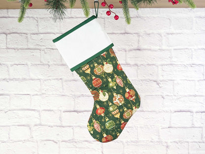 Blank Green Ornaments Christmas Stocking with Cross Stitchable Cuff - Straight Style