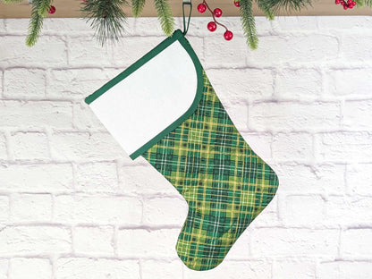 Blank Green Plaid Christmas Stocking with Cross Stitchable Cuff - Curved Style