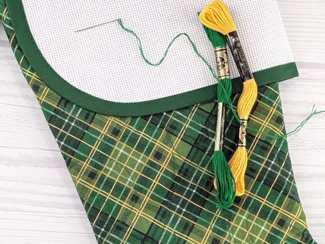 Blank Green Plaid Christmas Stocking with Cross Stitchable Cuff - Curved Style