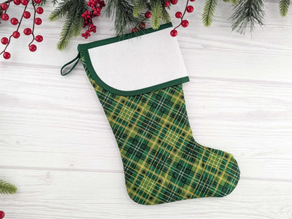 Blank Green Plaid Christmas Stocking with Cross Stitchable Cuff - Curved Style