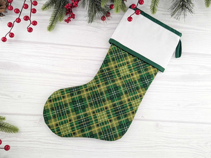 Blank Green Plaid Christmas Stocking with Cross Stitchable Cuff - Straight Style