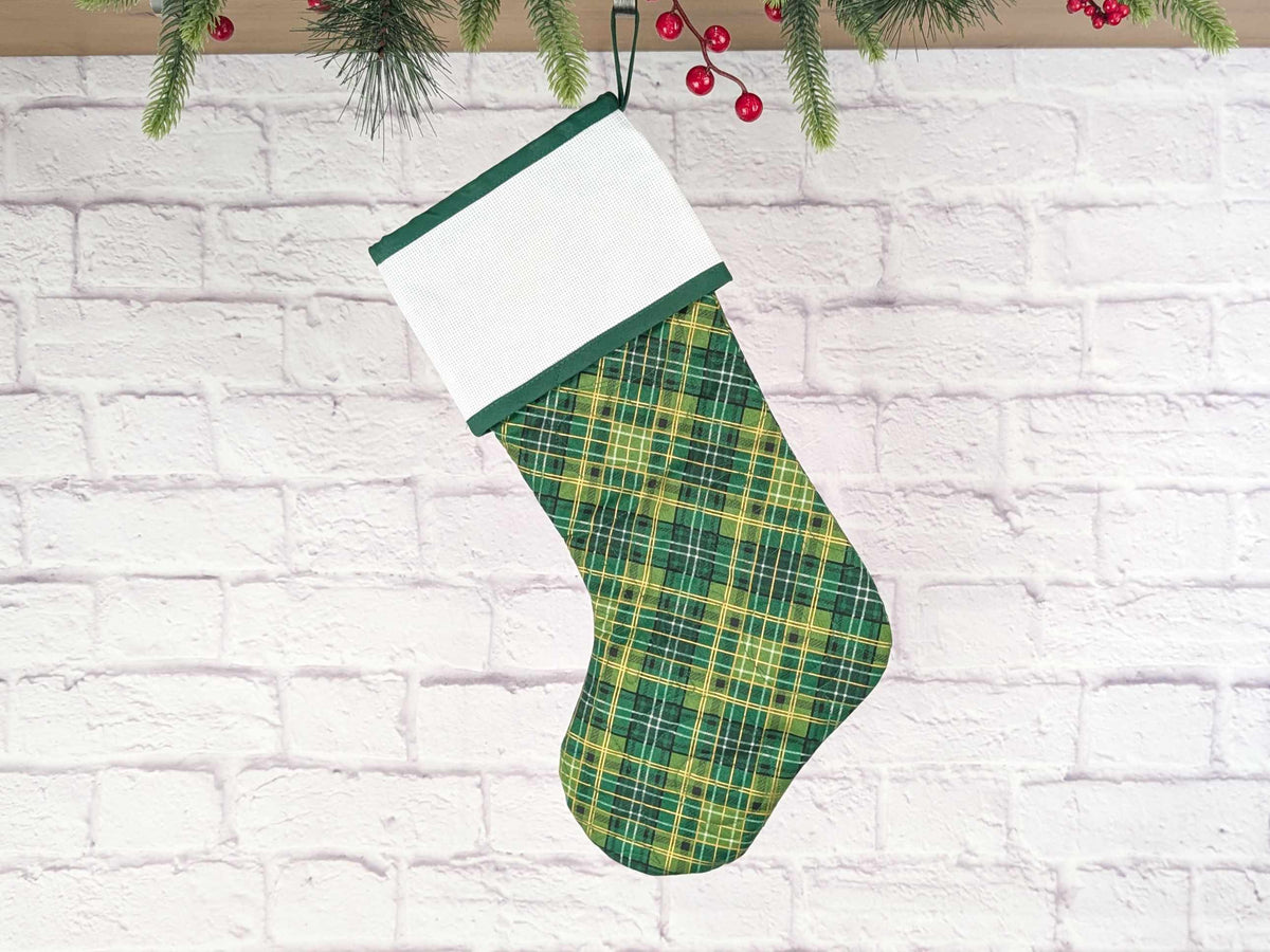 Blank Green Plaid Christmas Stocking with Cross Stitchable Cuff - Straight Style