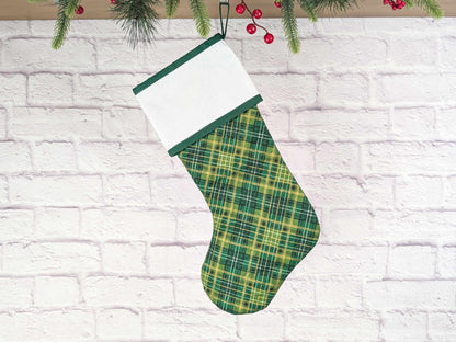 Blank Green Plaid Christmas Stocking with Cross Stitchable Cuff - Straight Style