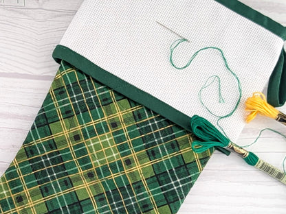 Blank Green Plaid Christmas Stocking with Cross Stitchable Cuff - Straight Style