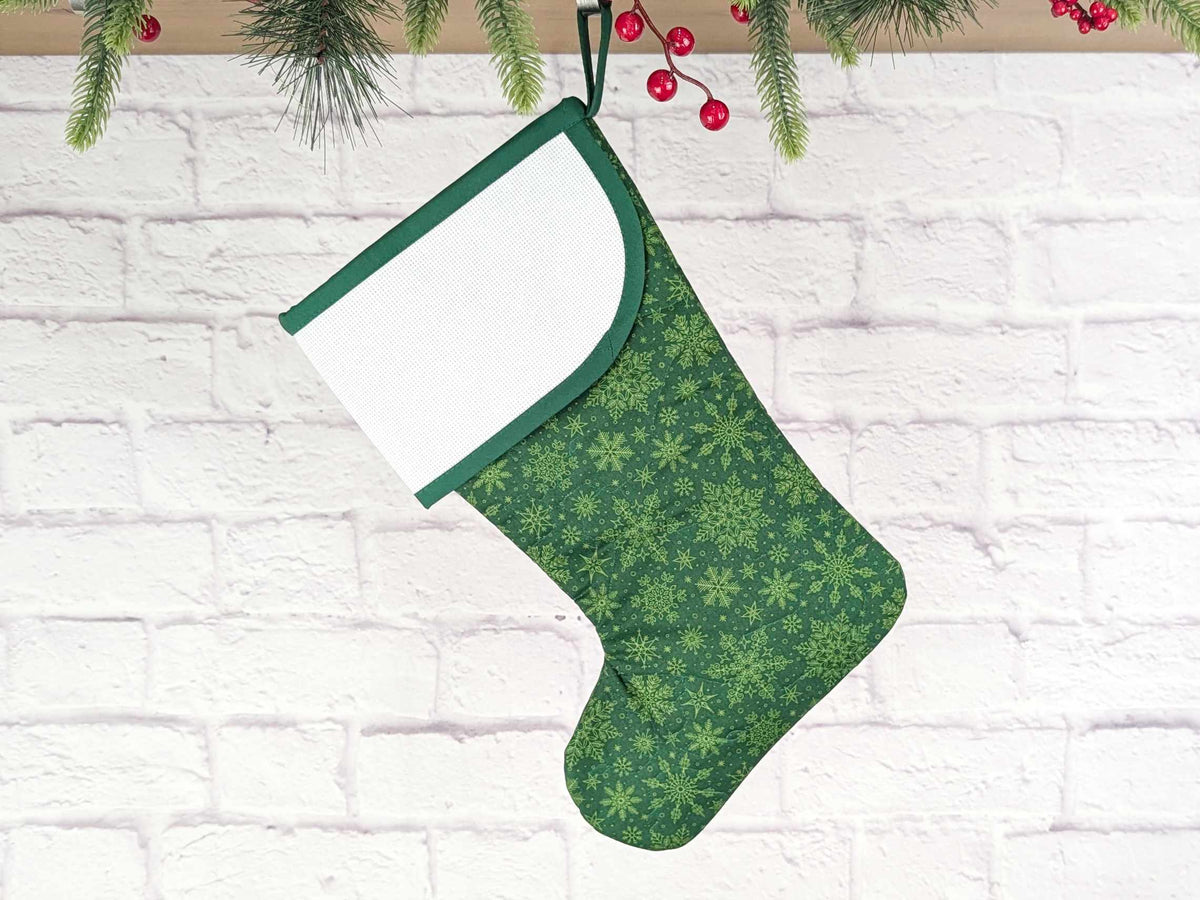 Blank Green Snowflakes Christmas Stocking with Cross Stitchable Cuff - Curved Style