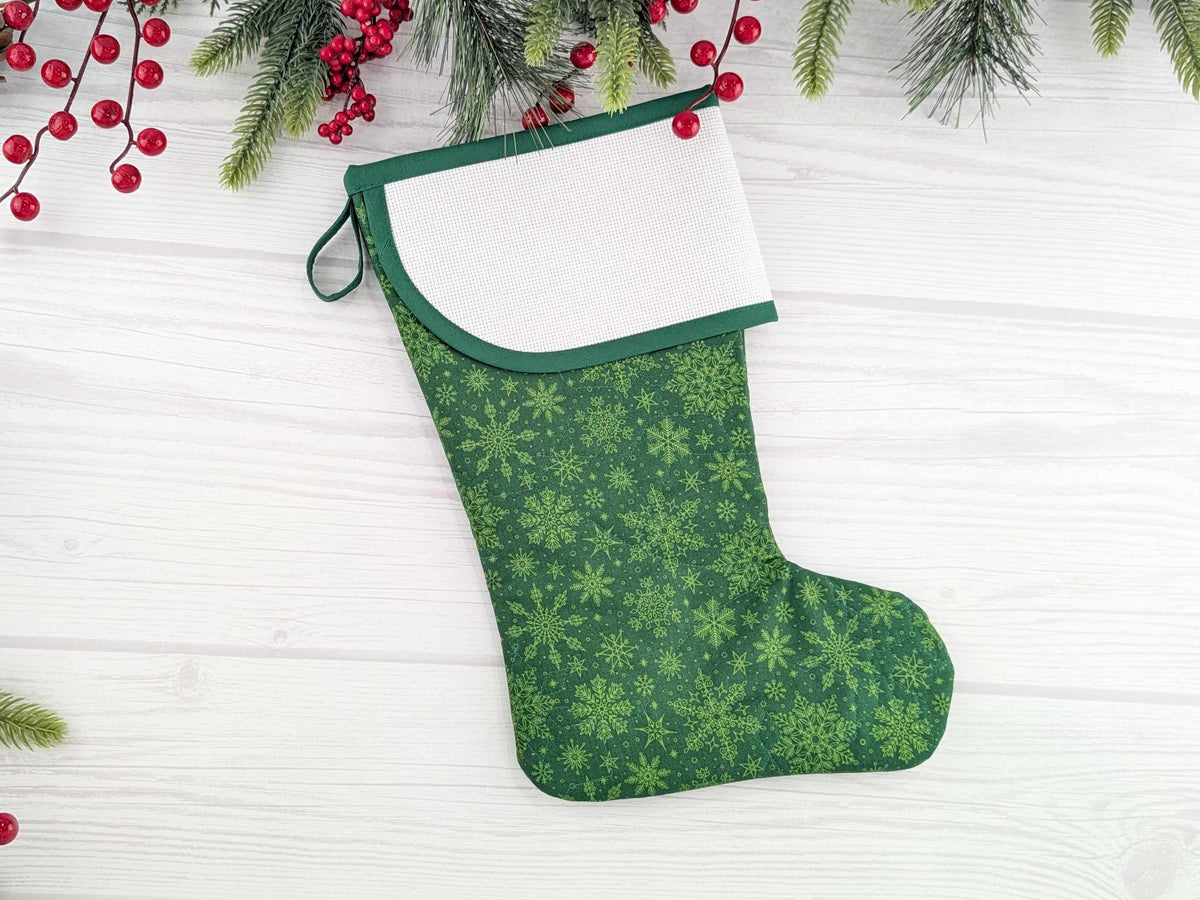 Blank Green Snowflakes Christmas Stocking with Cross Stitchable Cuff - Curved Style