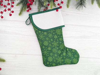 Blank Green Snowflakes Christmas Stocking with Cross Stitchable Cuff - Curved Style