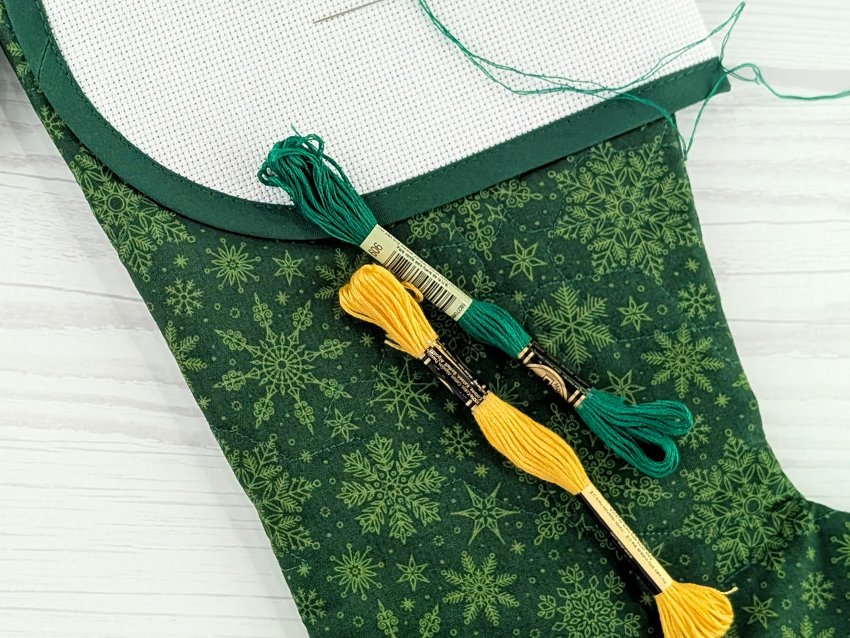 Blank Green Snowflakes Christmas Stocking with Cross Stitchable Cuff - Curved Style
