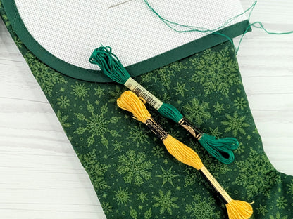 Blank Green Snowflakes Christmas Stocking with Cross Stitchable Cuff - Curved Style