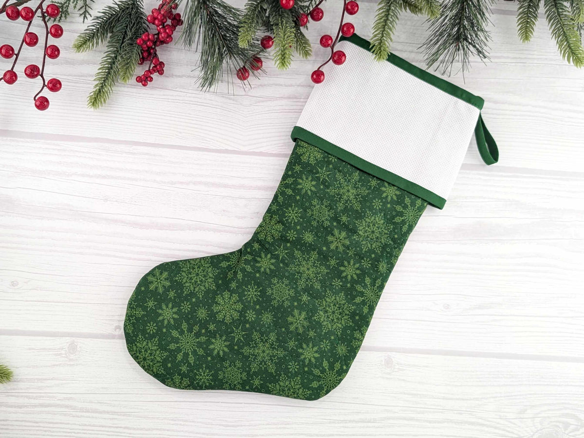 Blank Green Snowflake Christmas Stocking with Cross Stitchable Cuff - Straight Style