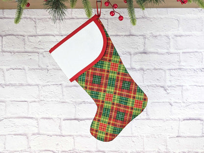 Blank Red and Green Plaid Christmas Stocking with Cross Stitchable Cuff - Curved Style